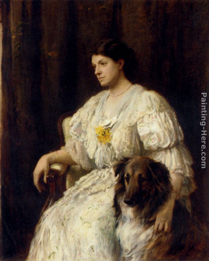 Portrait of a lady with her collie, seated, three-quarter length painting - Heywood Hardy Portrait of a lady with her collie, seated, three-quarter length art painting